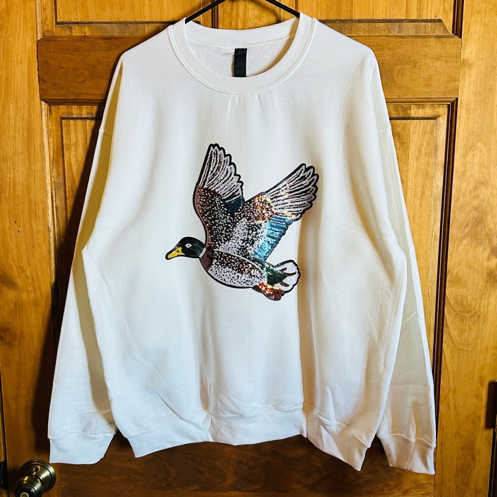 Duck hunting sweater White Sweatshirt sequin glitter mallard Duck! Size Large